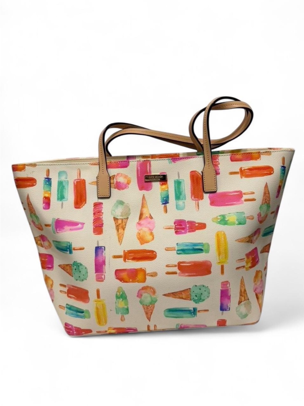 kate spade Cream Tote with Multicolor Ice Cream & Popsicle Print and Tan Handles